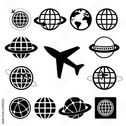 plane and globe vector icons set