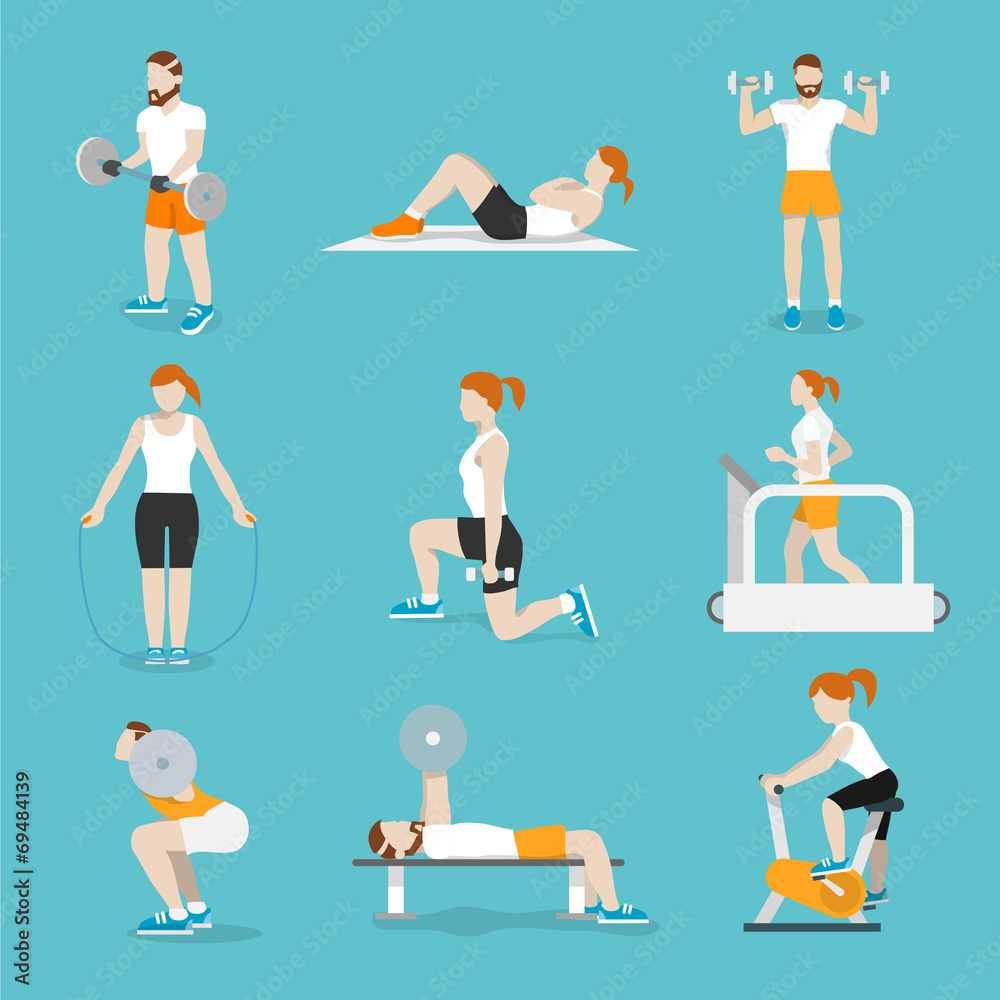 People gym exercises icons set