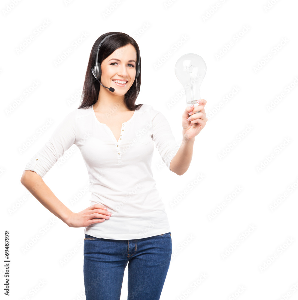 Young, confident and smiling customer support operator with a bu Young, confident and smiling customer support operator with a bu