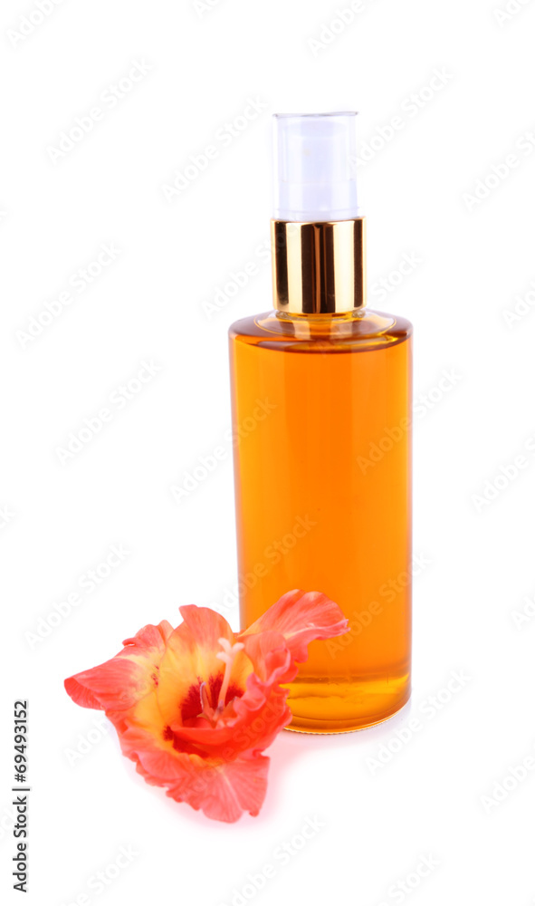 beautiful cosmetic bottle and flower, isolated on white
