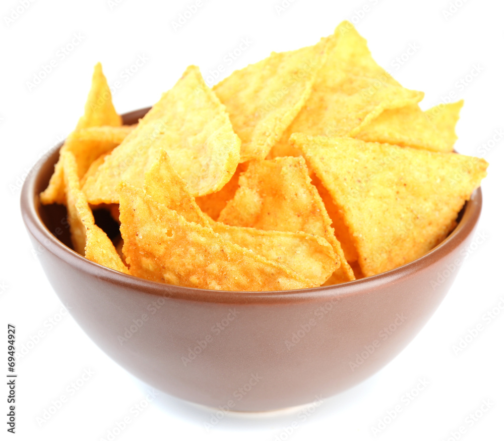 Tasty nachos on color bowl, isolated on white Tasty nachos on color bowl, isolated on white