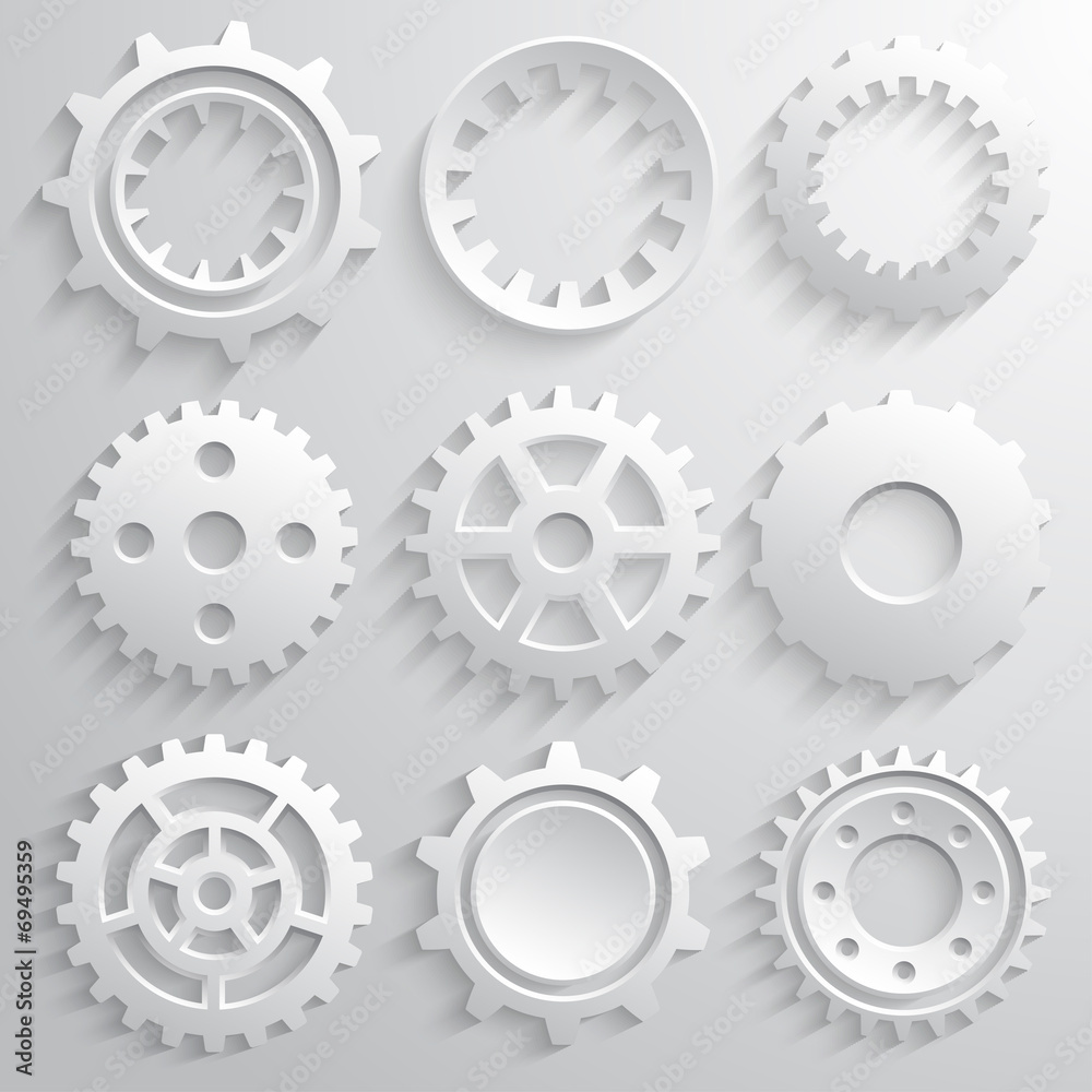 Gear wheels icon set. Nine 3d gears on a gray background Gear wheels icon set. Nine 3d gears on a gray background