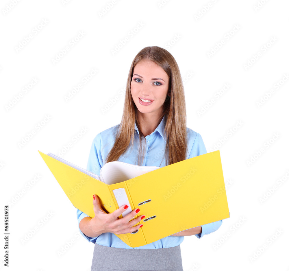 Business woman holding folder, isolated on white Business woman holding folder, isolated on white