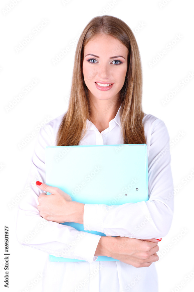 Business woman holding folder, isolated on white Business woman holding folder, isolated on white