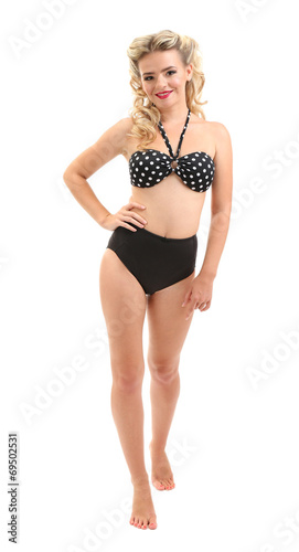 Beautiful girl with pretty smile in pinup style, isolated