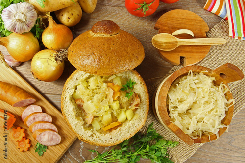 Cabbage soup in a loaf of bread