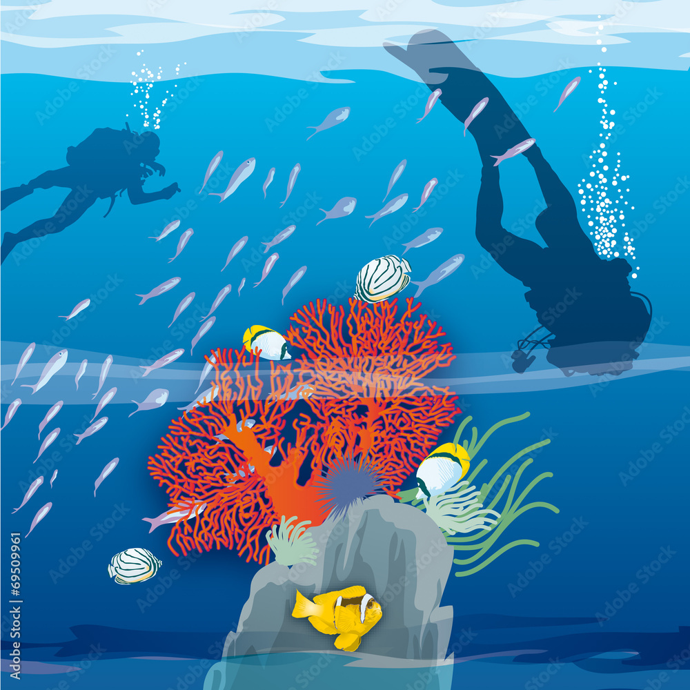 Atoll - Coraux et plongeurs