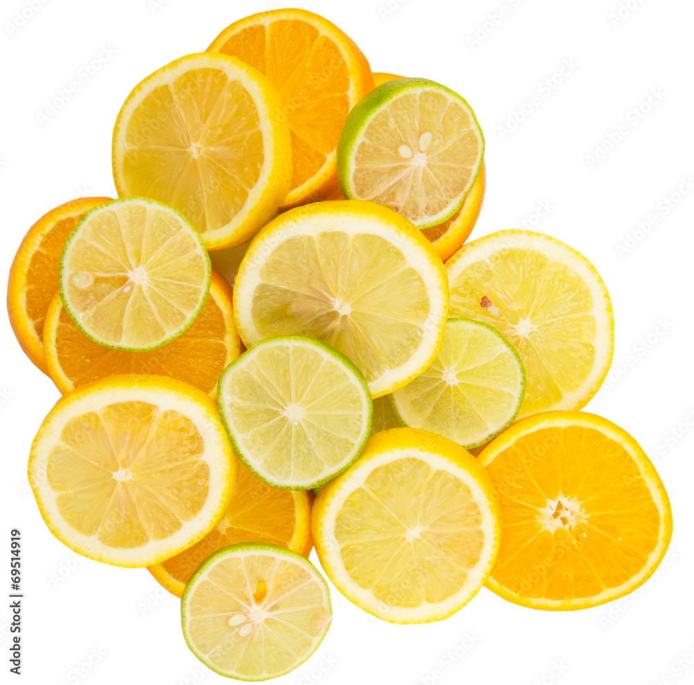 Lime, lemon and orange layer slices over white background Lime, lemon and orange layer slices over white background