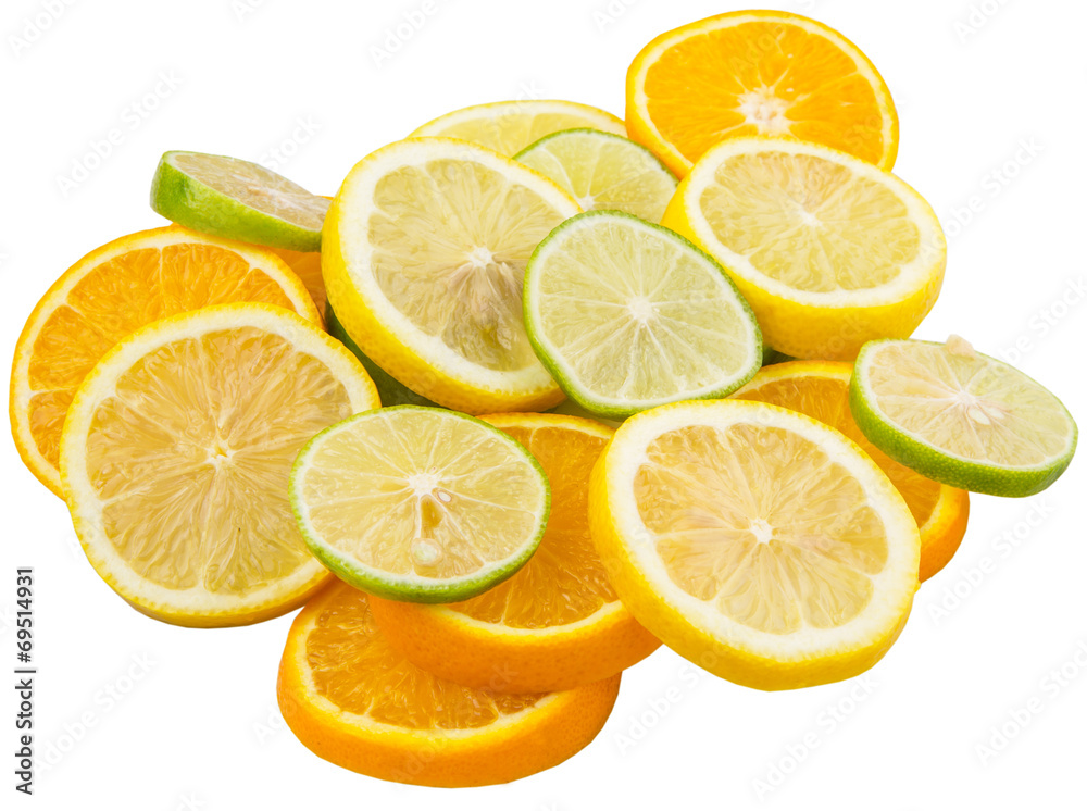 Lime, lemon and orange layer slices over white background Lime, lemon and orange layer slices over white background