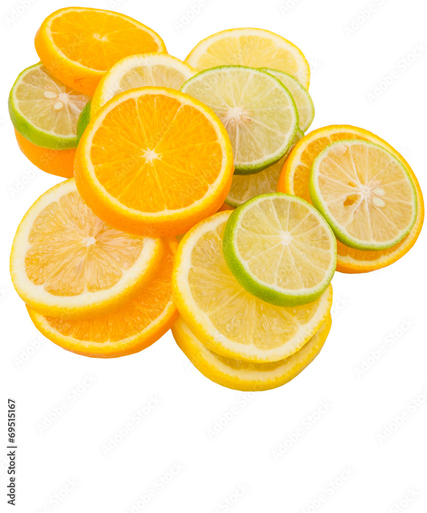 Lime, lemon and orange layer slices over white background Lime, lemon and orange layer slices over white background