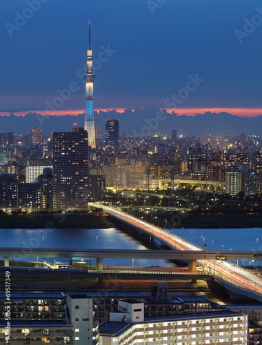 beautiful view of Tokyo city with Tokyo sky tree at sunset time