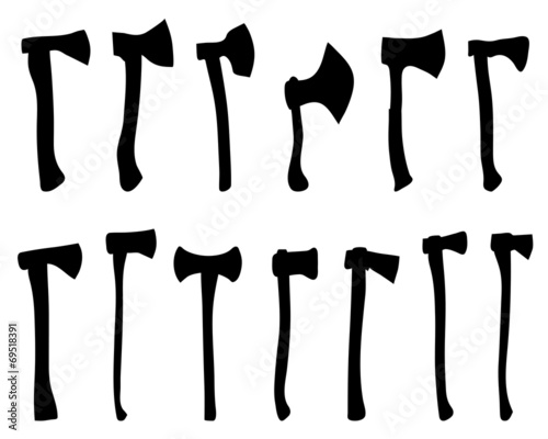 Black silhouettes of axe on white background, vector