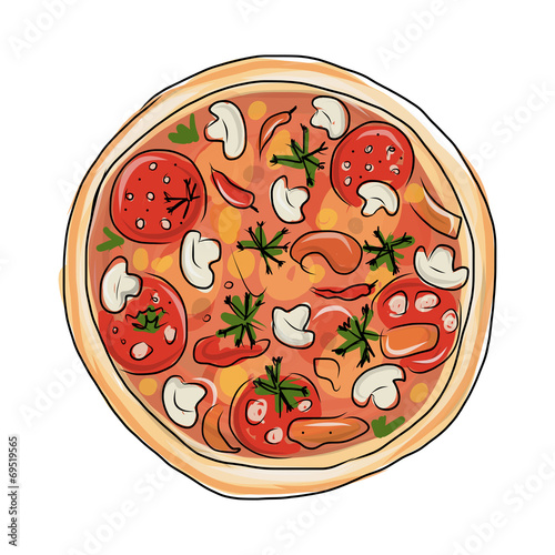 Pizza with tomato and mushrooms, sketch for your design