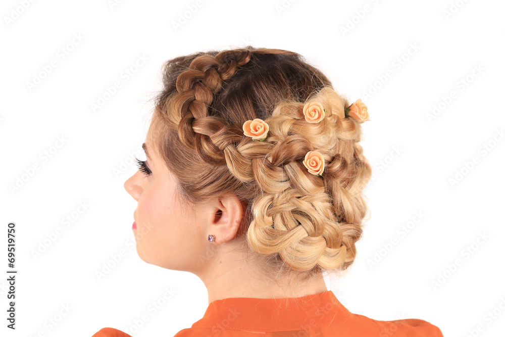 Bridal hairstyle with flowers.