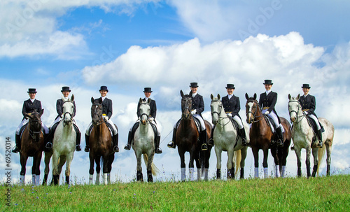 Group of eight riders on the hill. Equestrian sport - dressage.