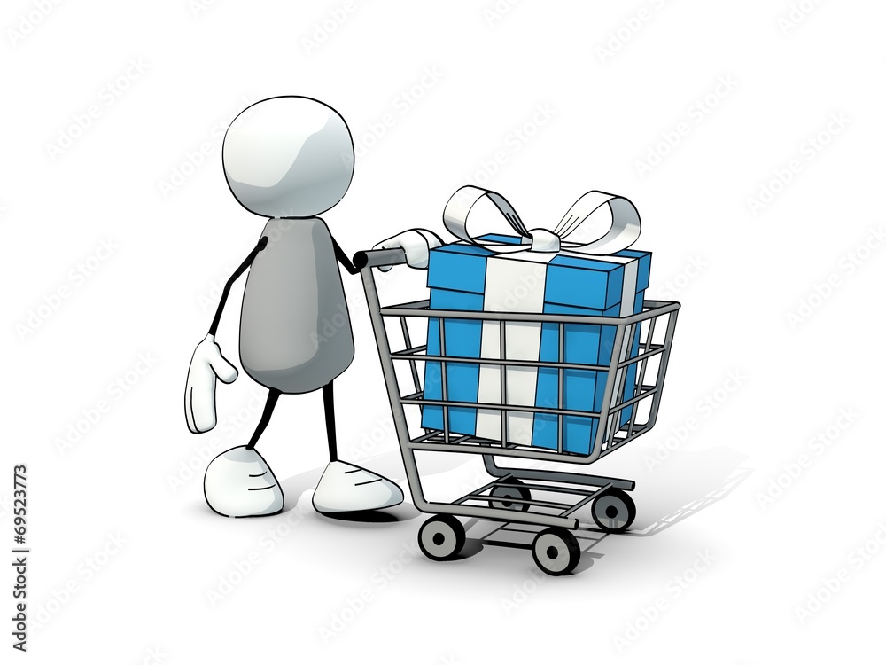 little sketchy man with shopping cart with big blue gift box little sketchy man with shopping cart with big blue gift box
