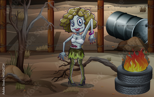 A female zombie near the tires with a fire