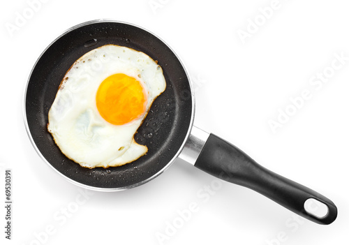 Fried egg in a frying pan, over white background