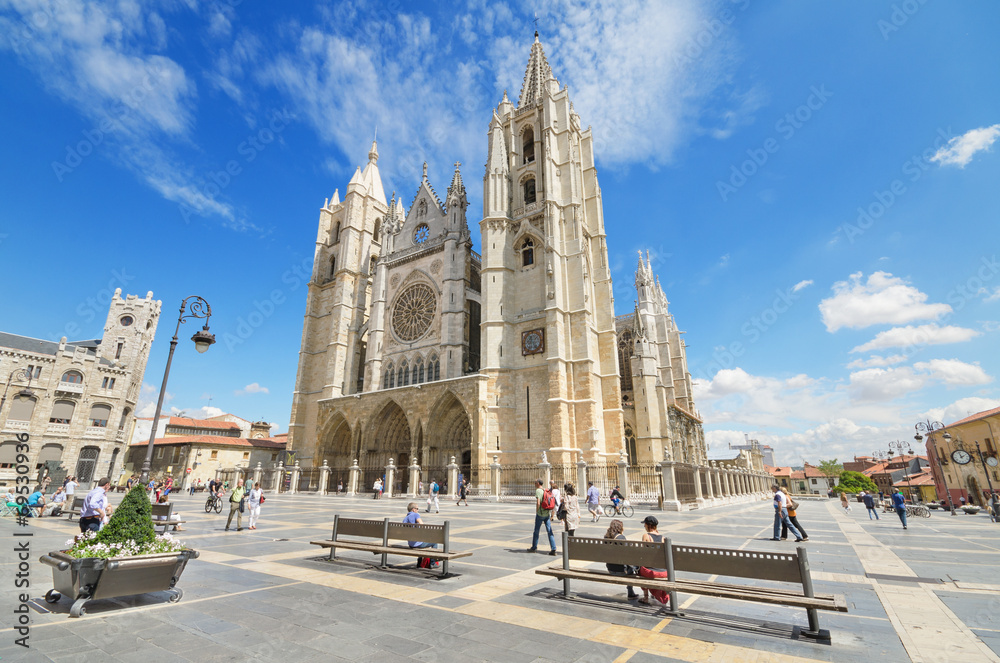 Tourist visiting famous landmark Leon Cathedral, Leon, Spain