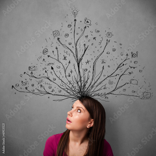 Young woman with tangled lines coming out of her head