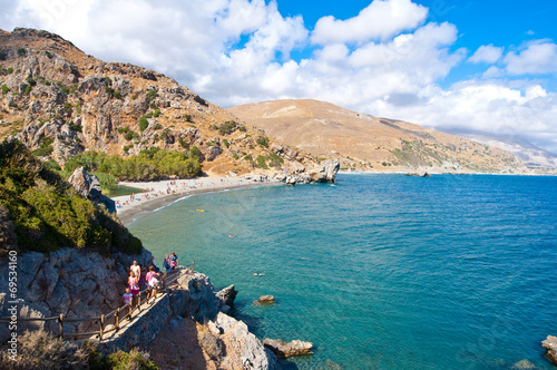 People go down to the Preveli Beach on Crete, Greece.