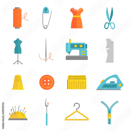Sewing equipment icons set flat