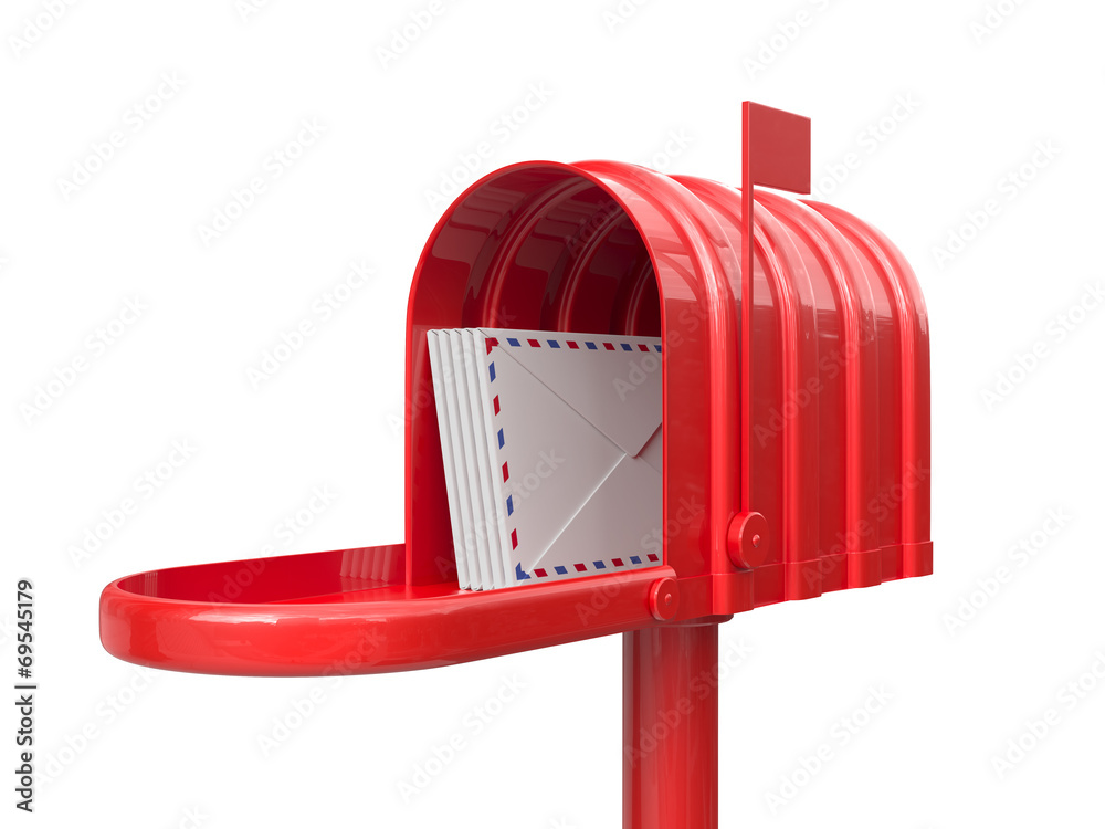 Opened red mailbox with letters isolated Opened red mailbox with letters isolated