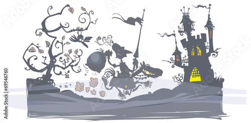 Silhouette Knight on horseback hurried to the Castle.