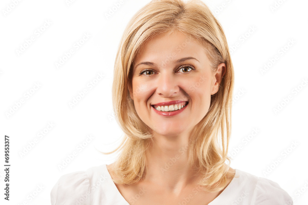 Happy young woman smiling over white Happy young woman smiling over white