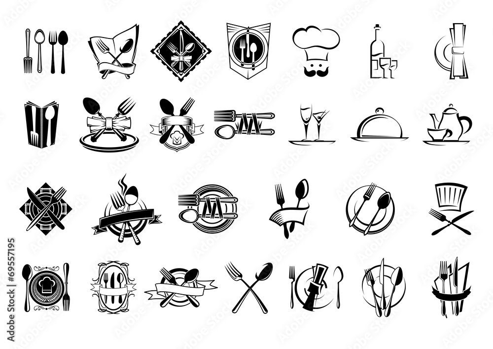 Fototapeta premium Food, restaurant and silverware icons set