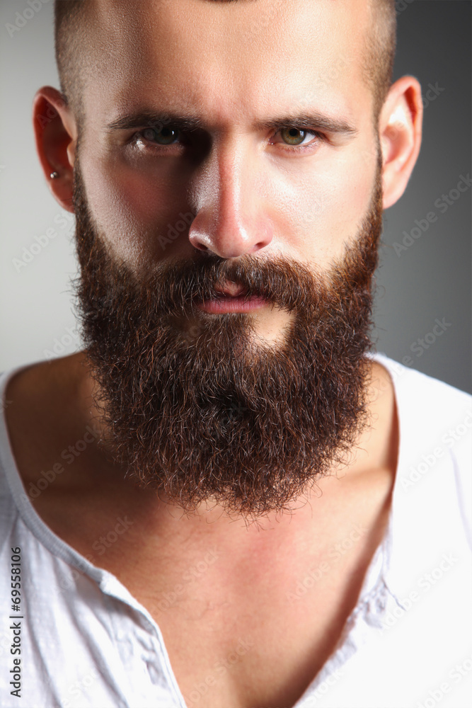 Obraz premium Portrait of handsome bearded man standing, isolated on grey bac