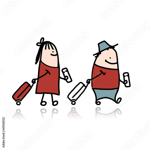 Couple with suitcases and tickets, cartoon