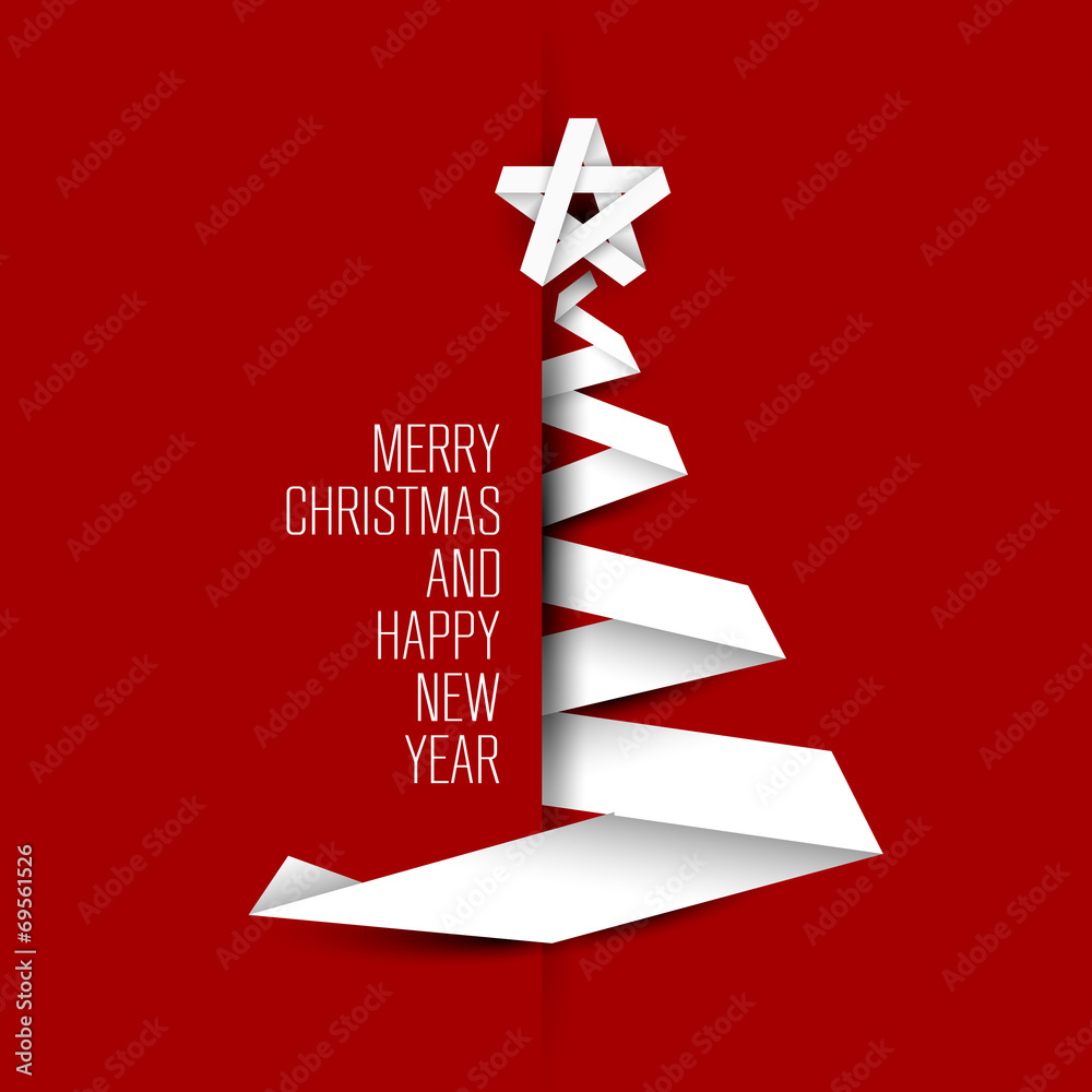 Simple vector card with christmas tree made from paper stripe