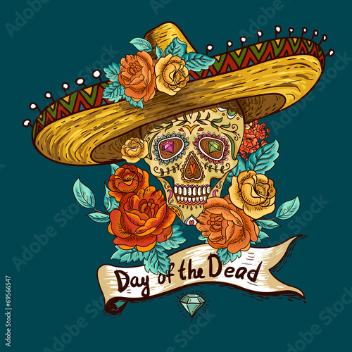 Floral Background with Skull in Sombrero