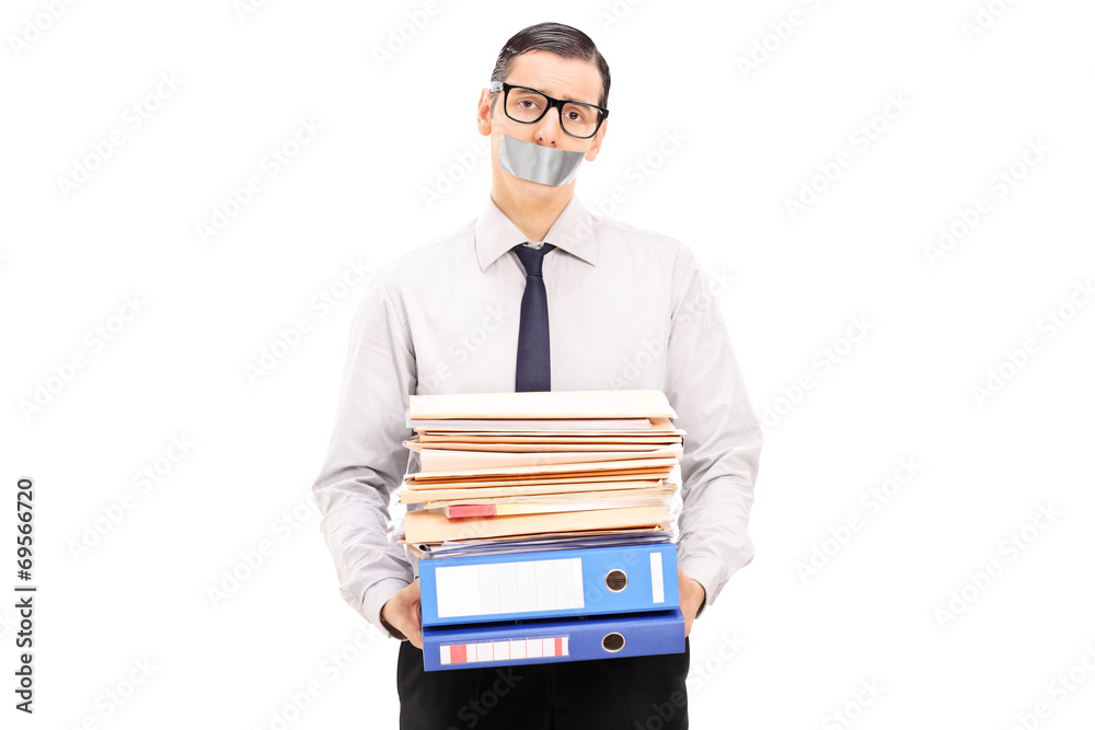 Man with duct taped mouth holding documents Man with duct taped mouth holding documents