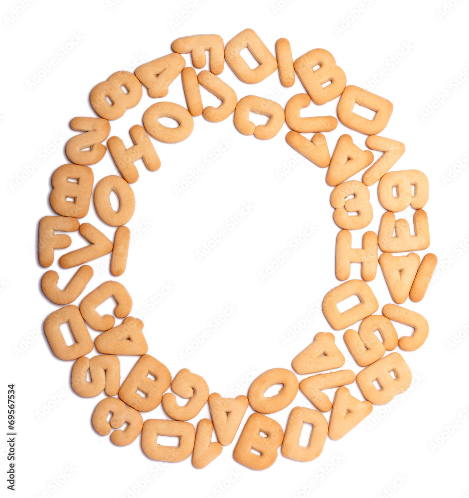 Round frame made of cookies in shape of letters and numbers