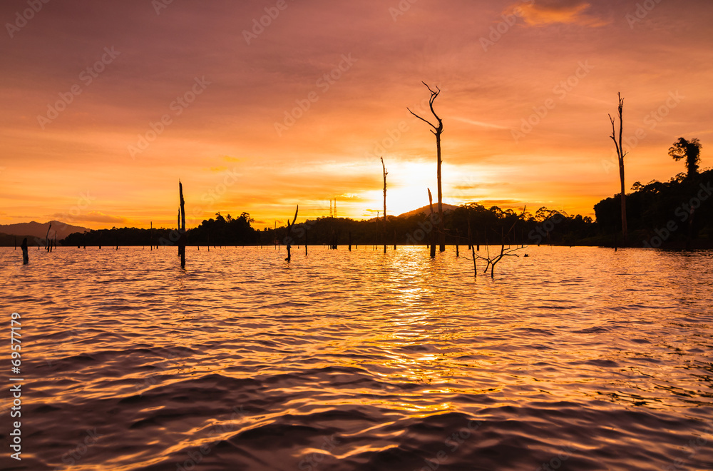 Stump silhouette at lake during sunset