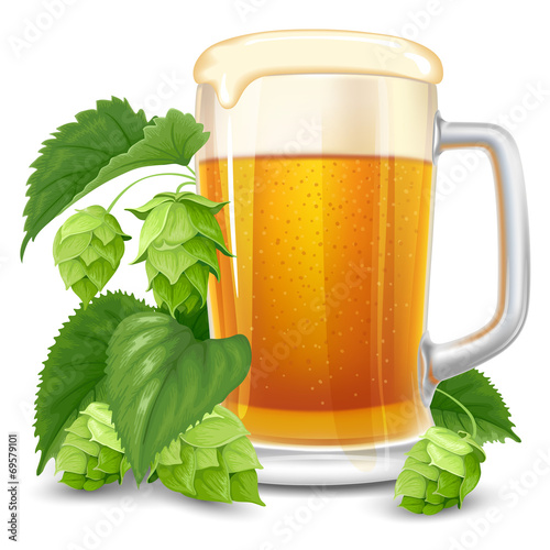 Glass of beer and hops