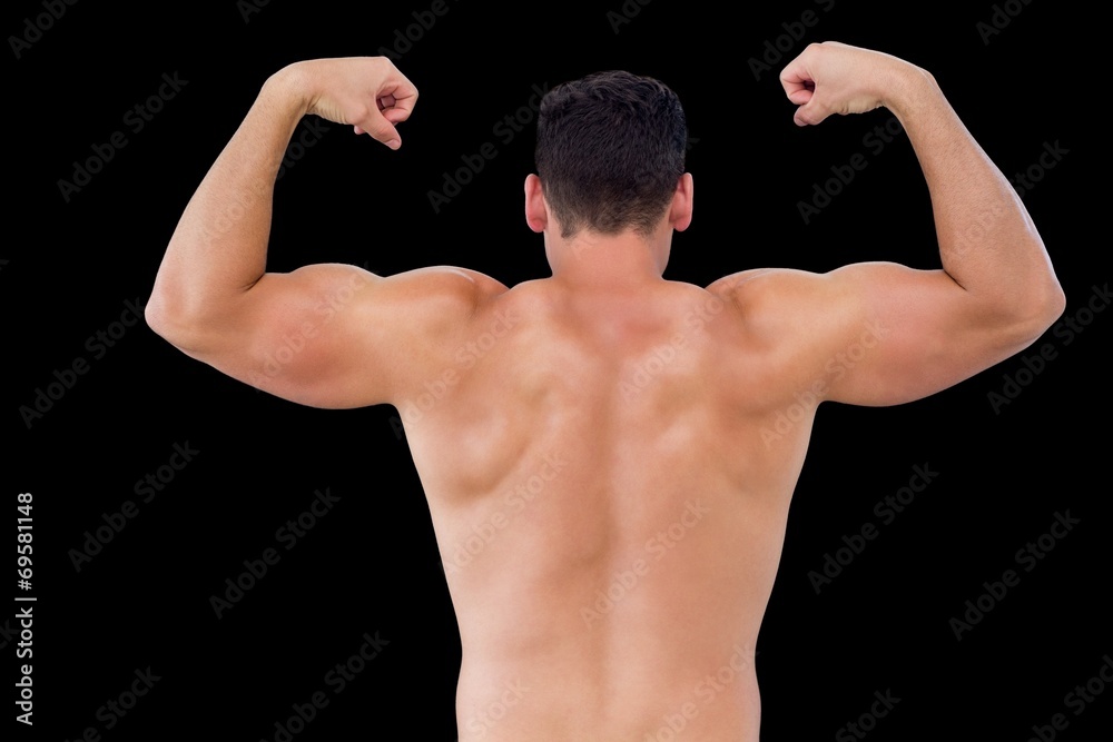 Rear view of shirtless muscular man flexing muscles Rear view of shirtless muscular man flexing muscles