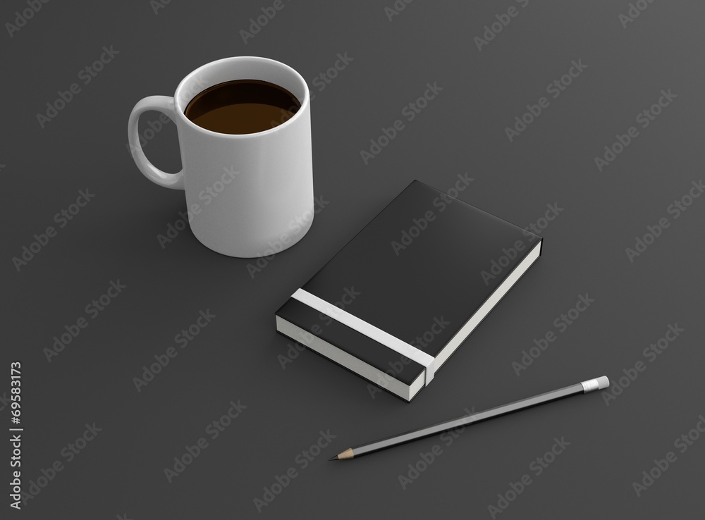 Notizbuch Tasse Kaffee weiß mit Bleistift