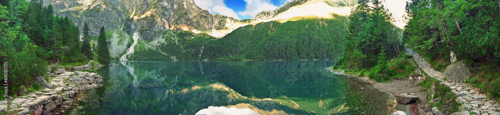 Panoramic view of mountain lake in Tatra mountains