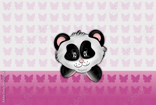 Fototapeta Naklejka Na Ścianę i Meble -  Panda head on pink butteflies background