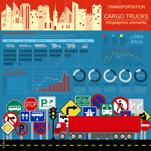 Cargo transportation infographics, trucks, lorry. Elements infog