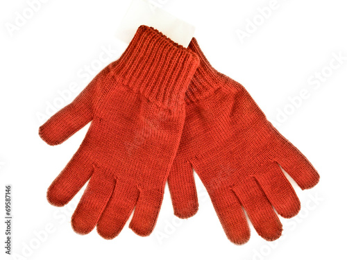red woolen glovess with label