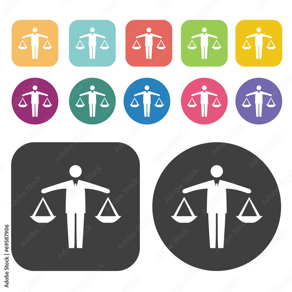 Man on scales set. Round and rectangle colourful 12 buttons. Vec