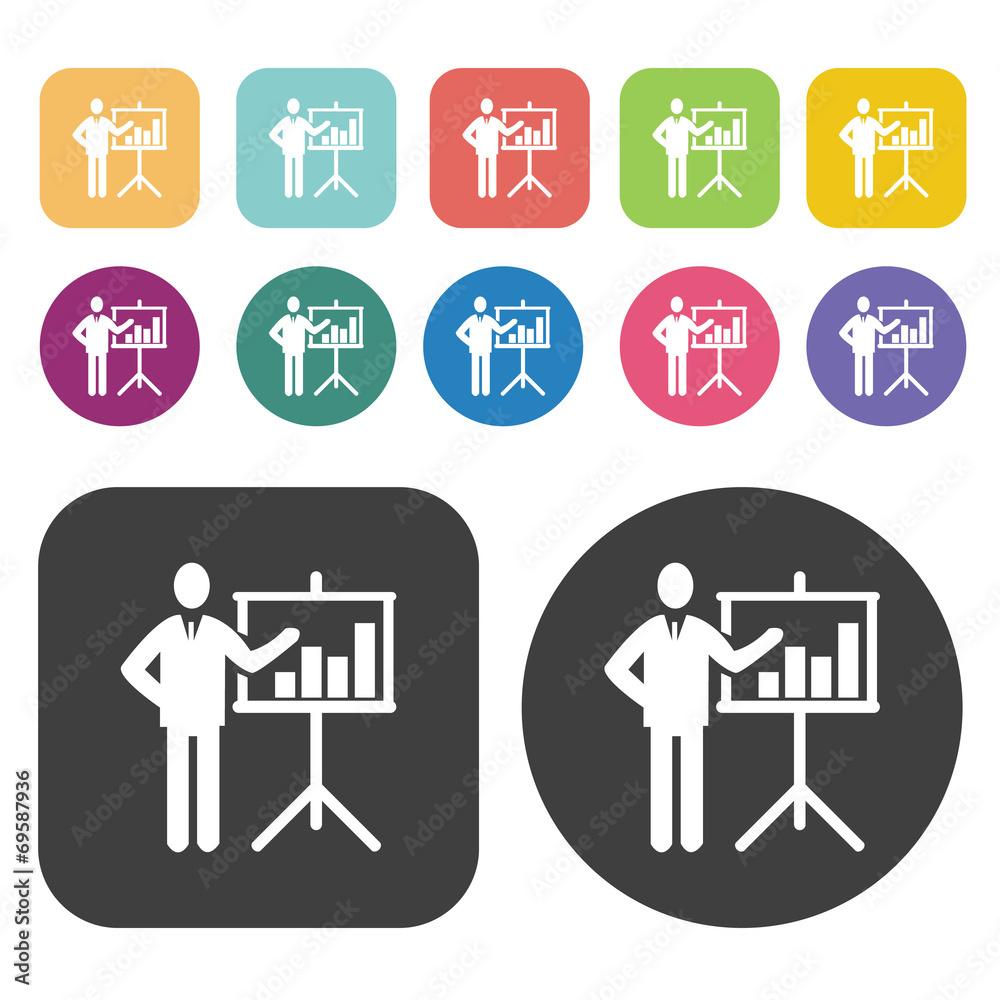 Presentations icons set. Round and rectangle colourful 12 button