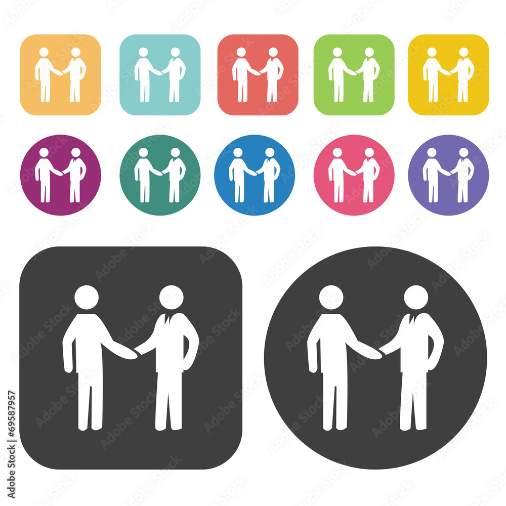 Shaking hands icons set. Round and rectangle colourful 12 button