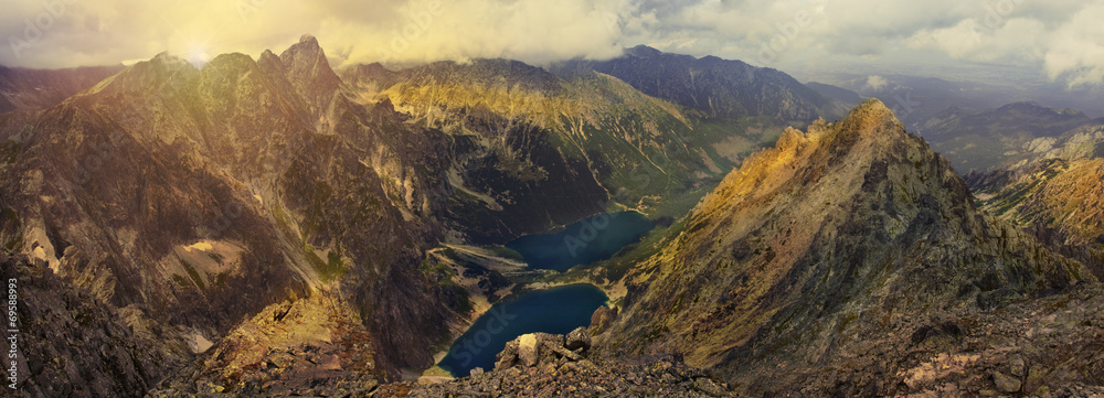 Panoramic view of the mountain peaks of the Tatra mountains