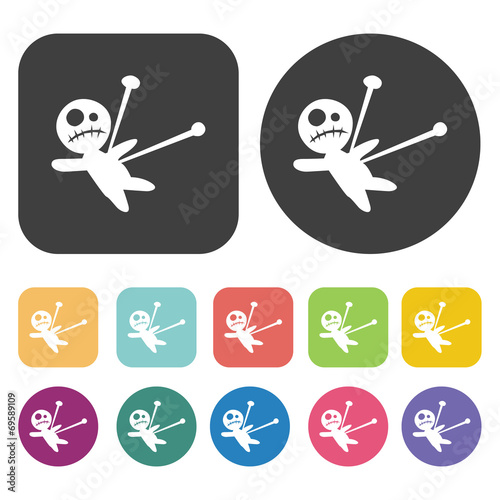 Voodoo doll icons set. Round and rectangle colourful 12 buttons.