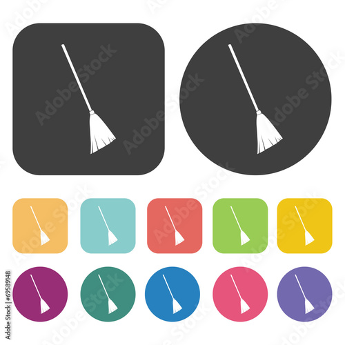 Broomsticks set. Round and rectangle colourful 12 buttons. Vecto